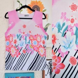 y2k pink black white funky abstract floral art tank top (M)